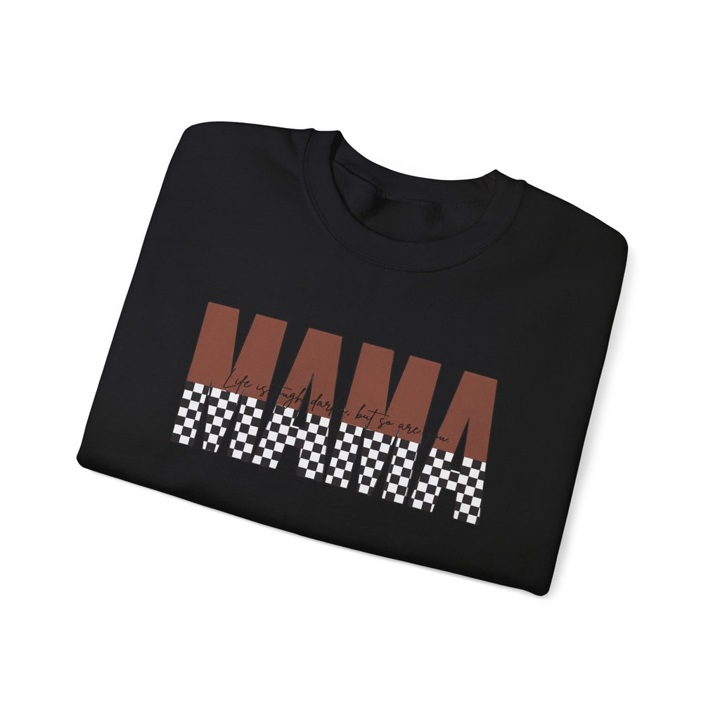 Mama Checkerboard Crewneck Sweatshirt – Retro Brown "MAMA" Graphic