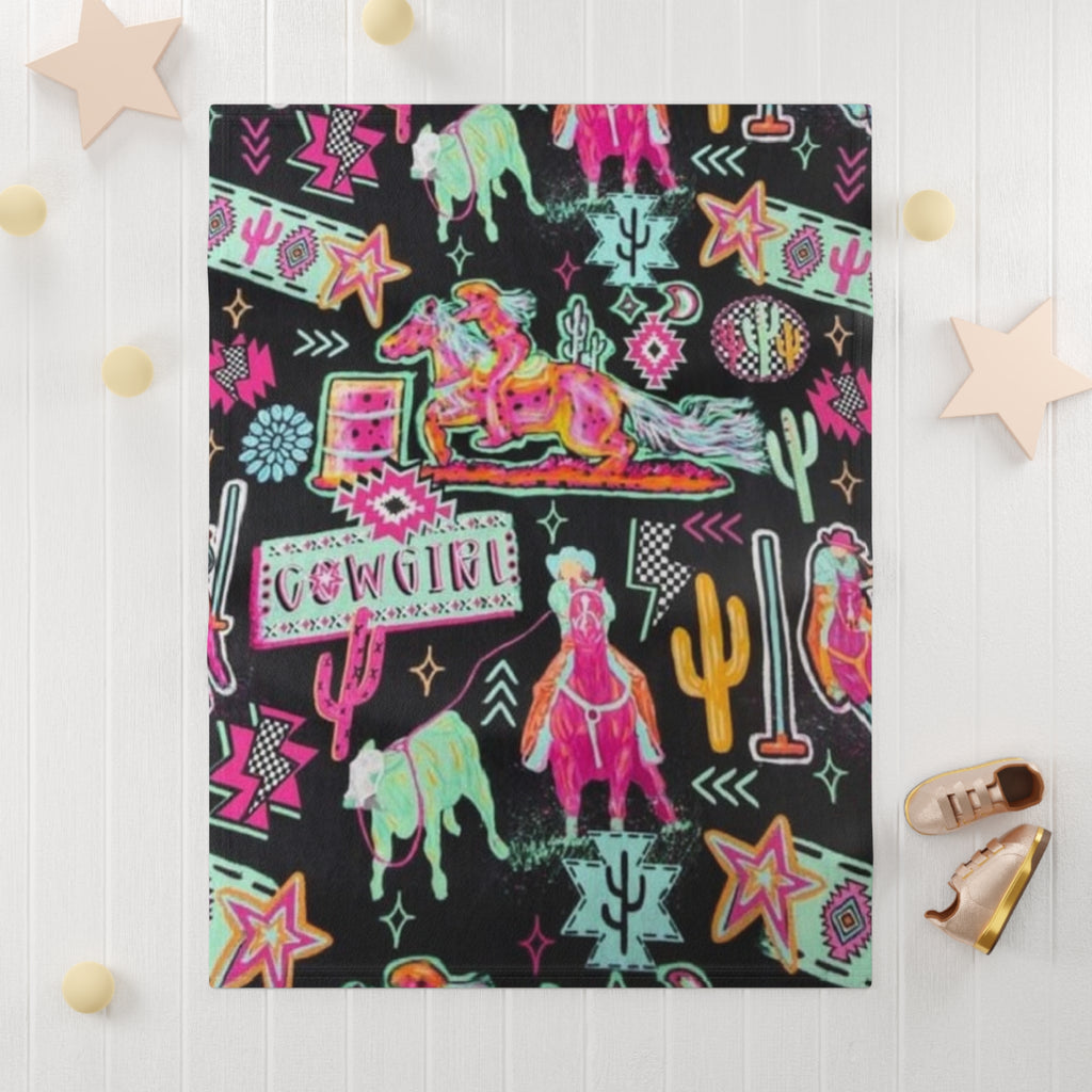 Cowgirl Neon Baby Blanket — Soft Fleece Western Horse & Cactus Nursery Throw