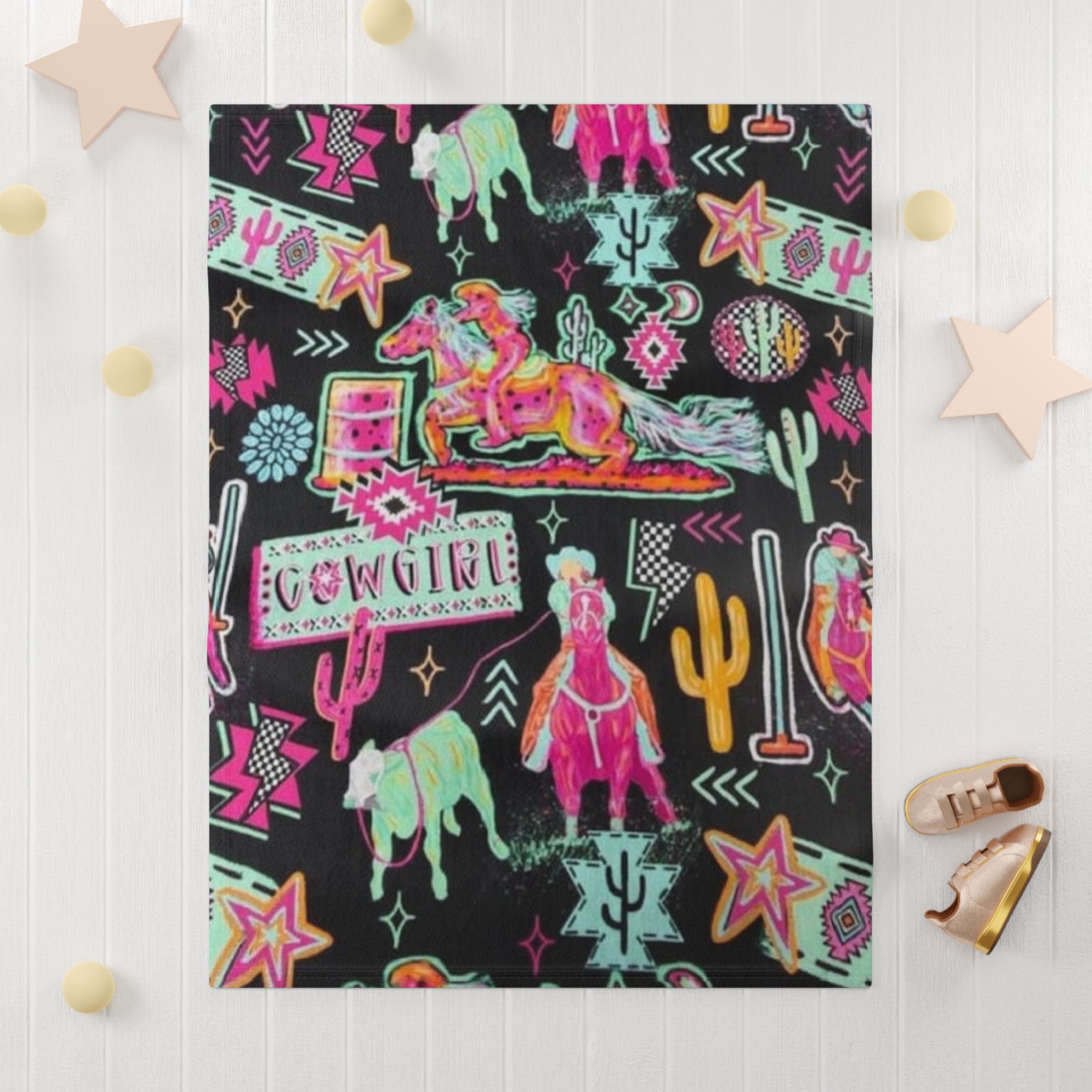 Cowgirl Neon Baby Blanket — Soft Fleece Western Horse & Cactus Nursery Throw
