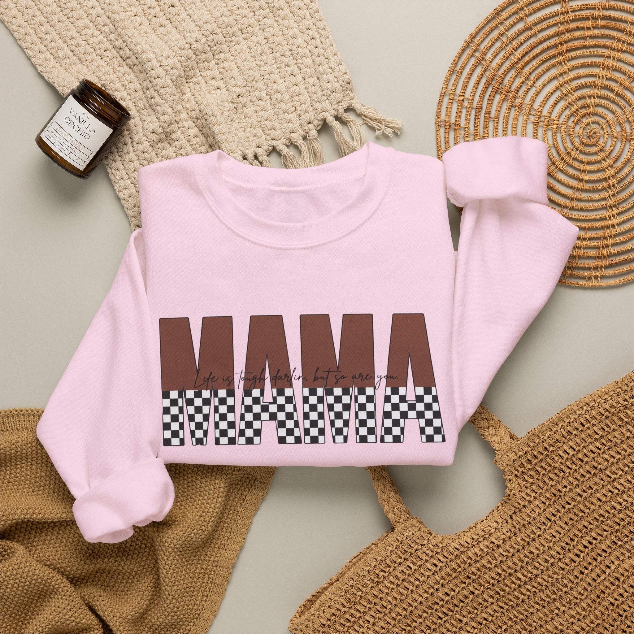 Mama Checkerboard Crewneck Sweatshirt – Retro Brown "MAMA" Graphic