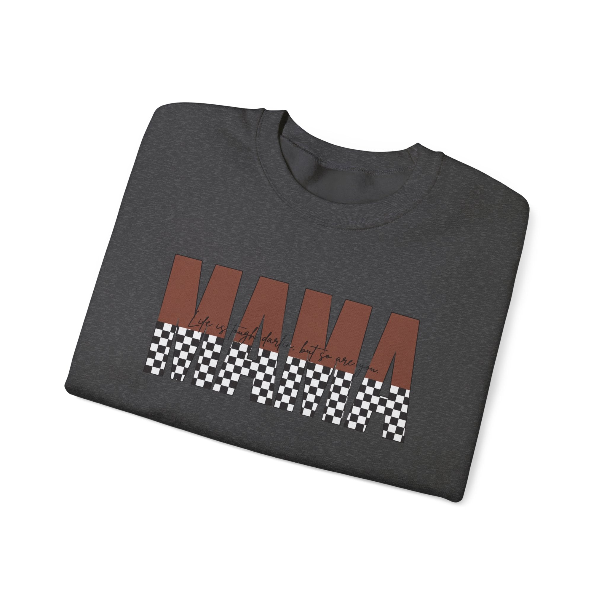 Mama Checkerboard Crewneck Sweatshirt – Retro Brown "MAMA" Graphic