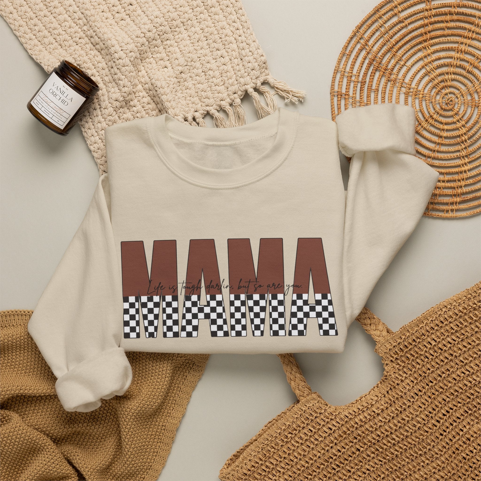 Mama Checkerboard Crewneck Sweatshirt – Retro Brown "MAMA" Graphic
