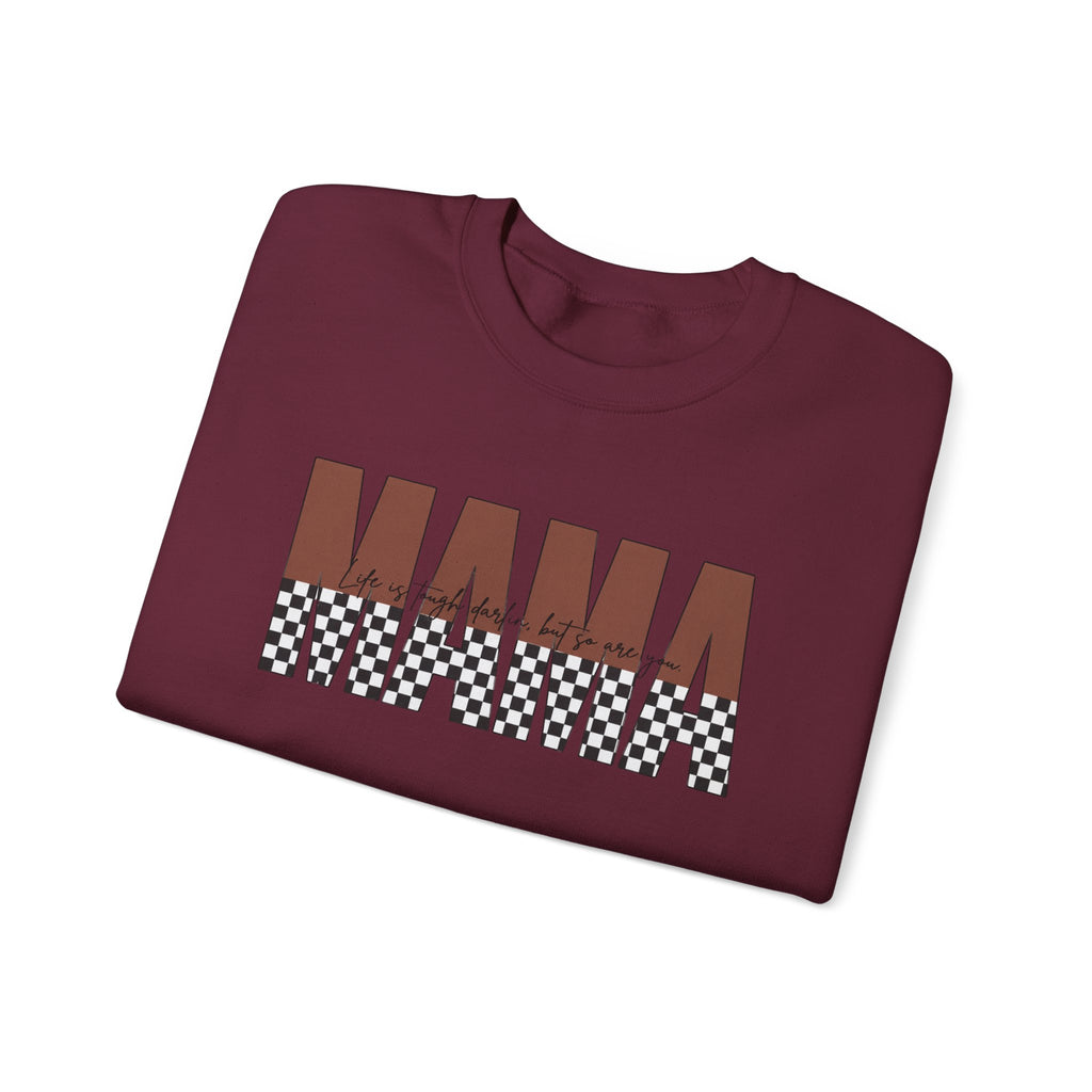 Mama Checkerboard Crewneck Sweatshirt – Retro Brown "MAMA" Graphic