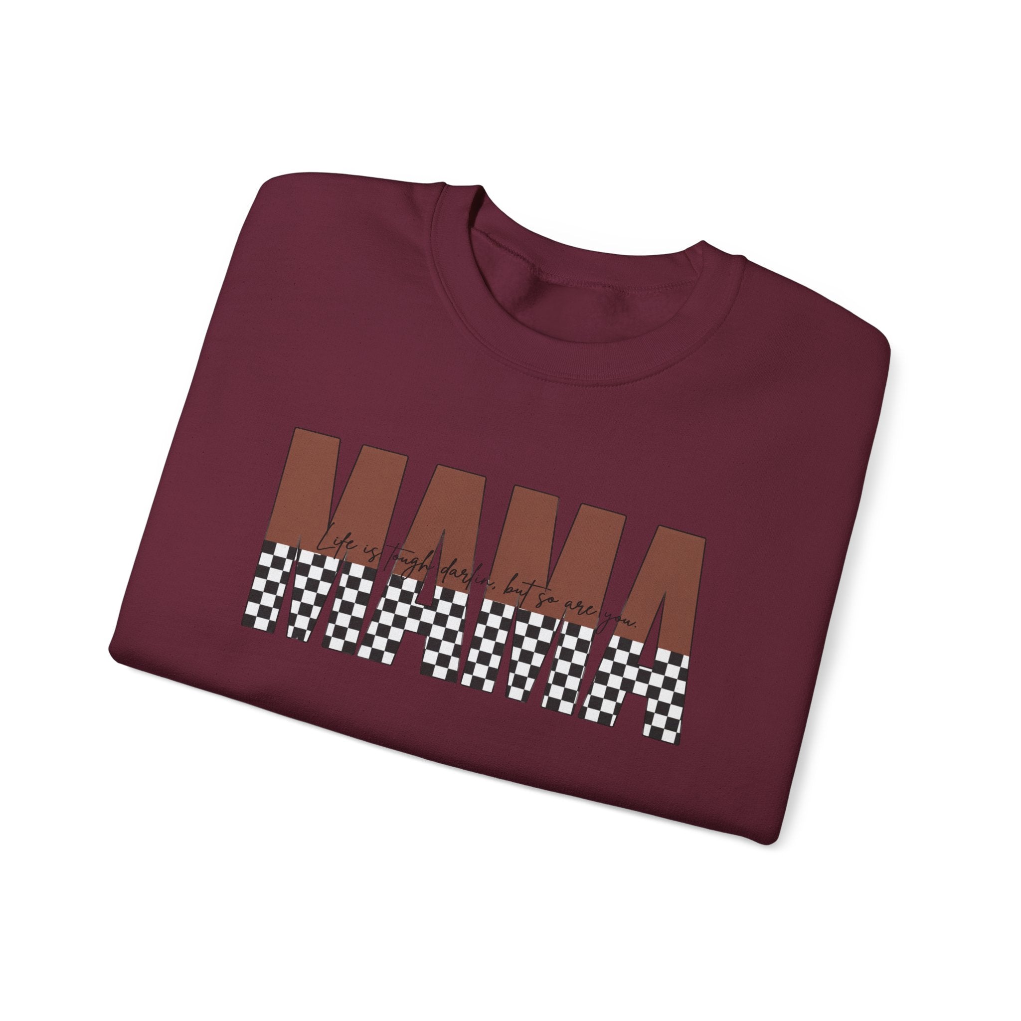 Mama Checkerboard Crewneck Sweatshirt – Retro Brown "MAMA" Graphic