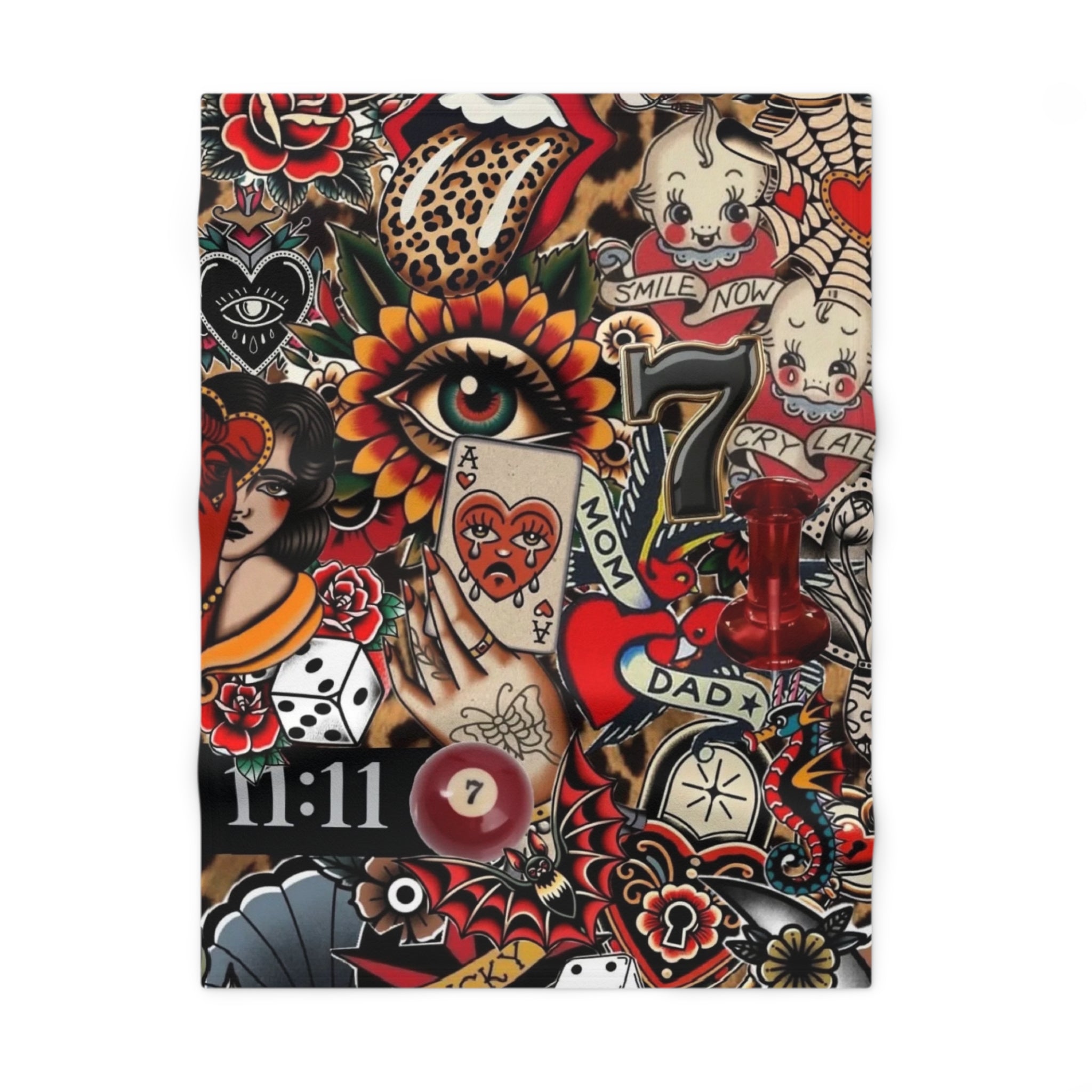 Vintage Tattoo Patchwork Baby Blanket – Retro Sailor Jerry Style Soft Fleece