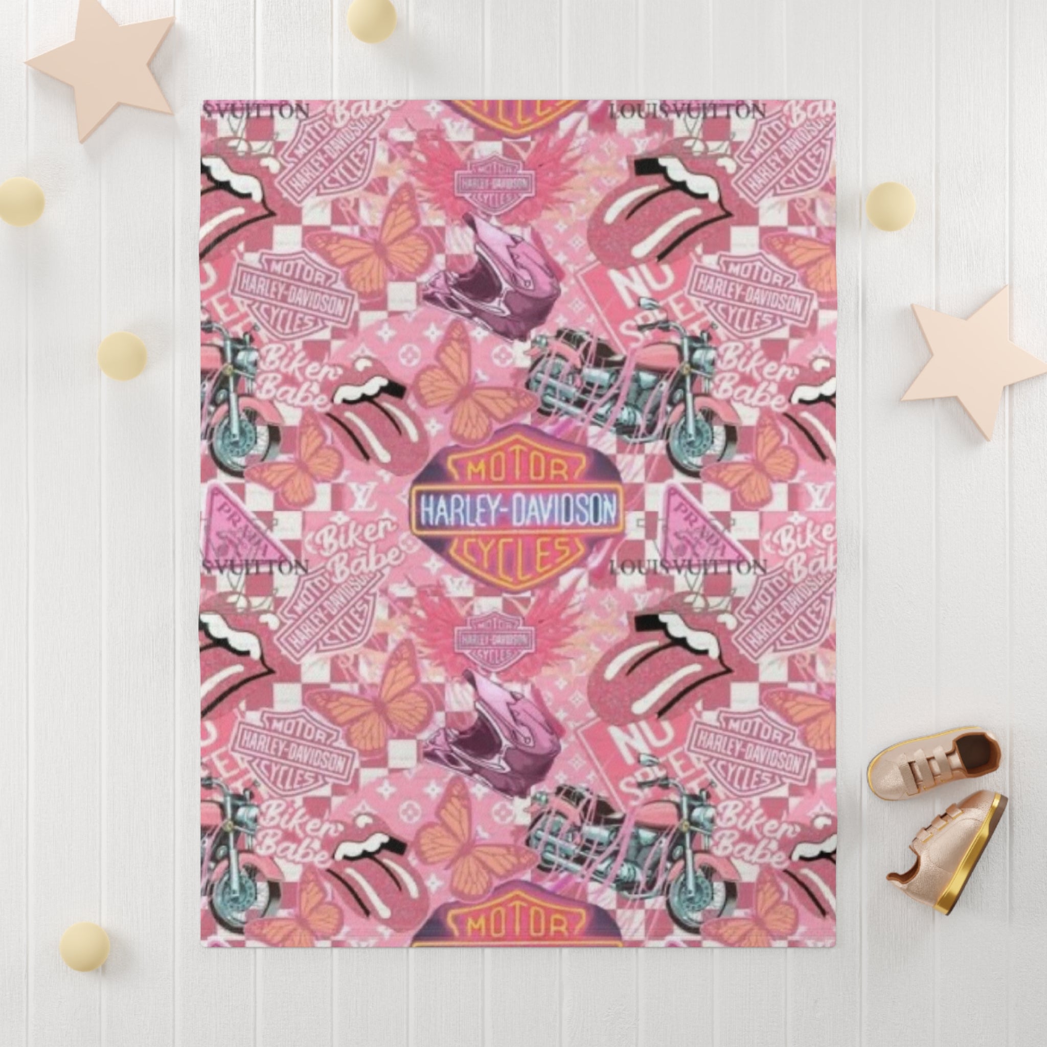 Harley-Davidson Pink Biker Baby Blanket — Soft Fleece "Biker Babe" Design