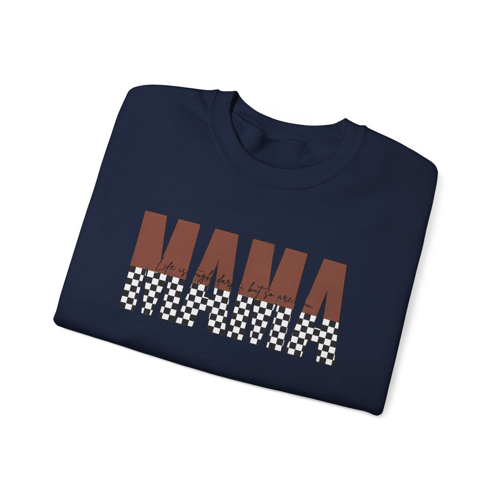 Mama Checkerboard Crewneck Sweatshirt – Retro Brown "MAMA" Graphic