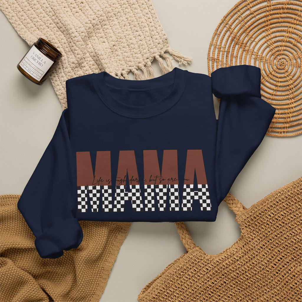 Mama Checkerboard Crewneck Sweatshirt – Retro Brown "MAMA" Graphic
