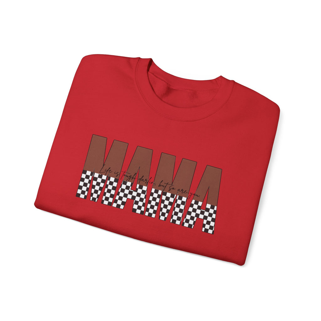 Mama Checkerboard Crewneck Sweatshirt – Retro Brown "MAMA" Graphic