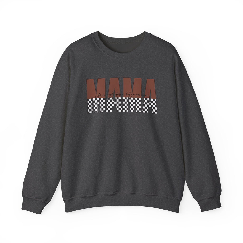 Mama Checkerboard Crewneck Sweatshirt – Retro Brown "MAMA" Graphic