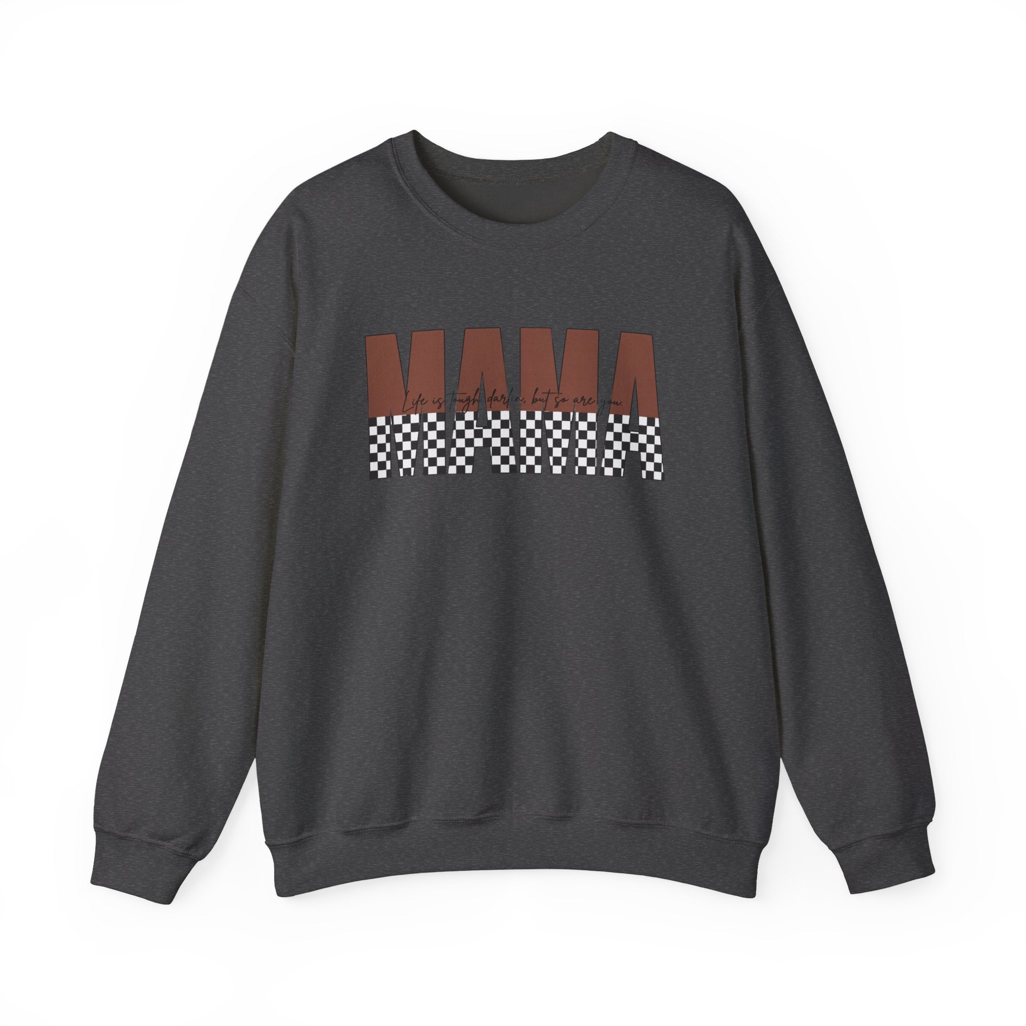 Mama Checkerboard Crewneck Sweatshirt – Retro Brown "MAMA" Graphic