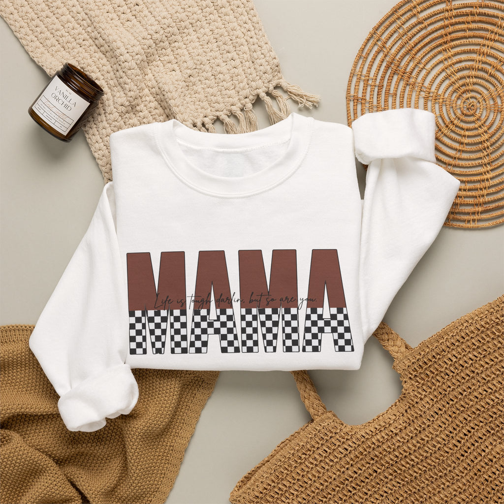 Mama Checkerboard Crewneck Sweatshirt – Retro Brown "MAMA" Graphic
