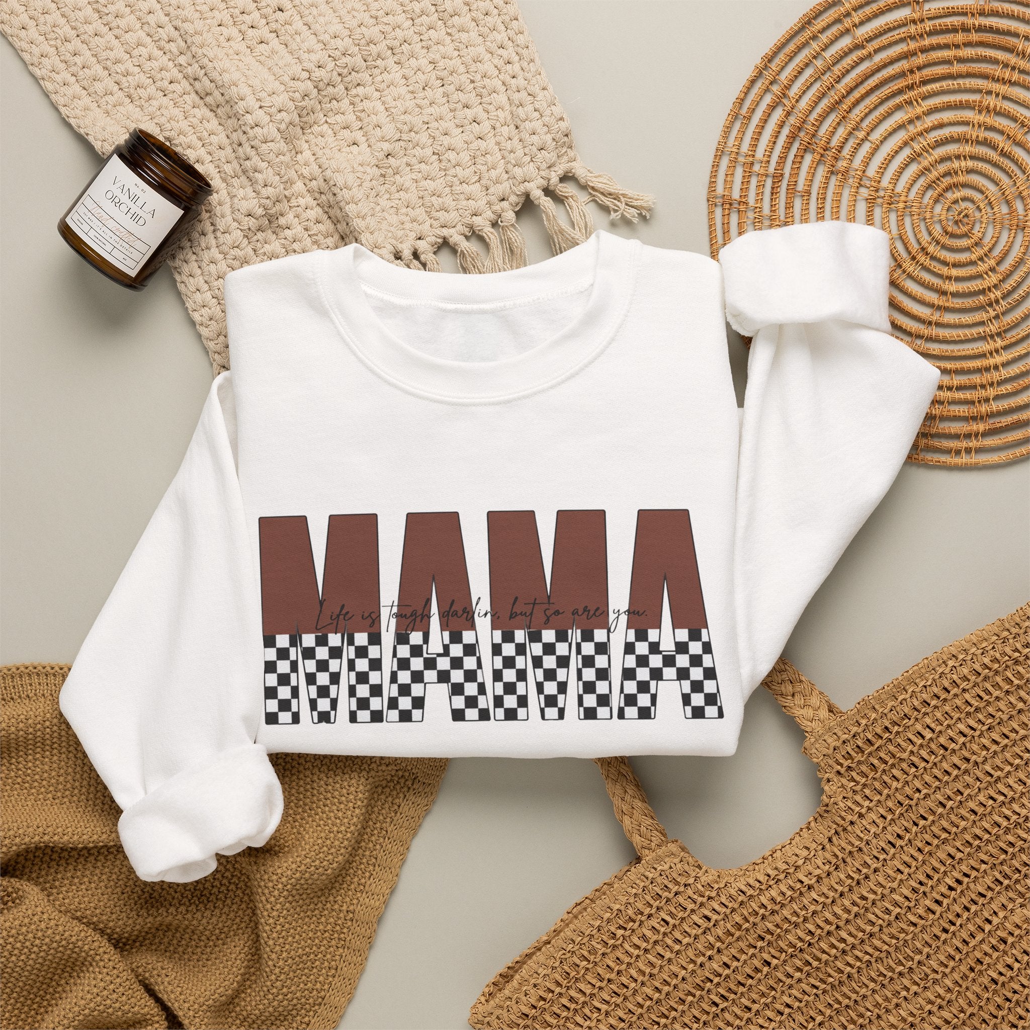 Mama Checkerboard Crewneck Sweatshirt – Retro Brown "MAMA" Graphic