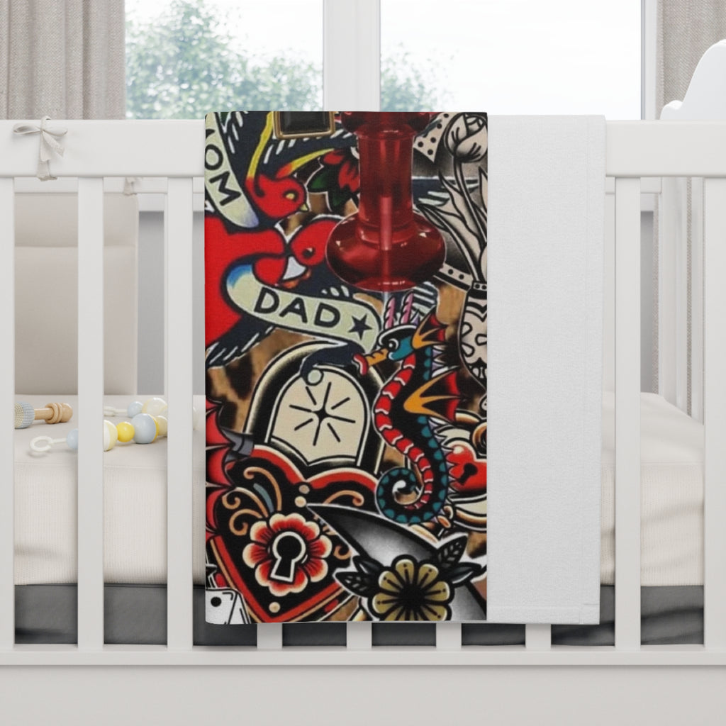 Vintage Tattoo Patchwork Baby Blanket – Retro Sailor Jerry Style Soft Fleece