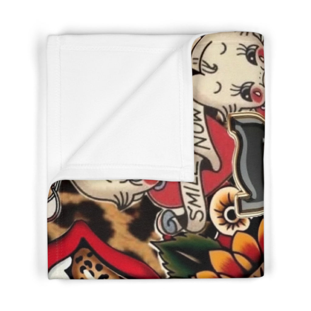 Vintage Tattoo Patchwork Baby Blanket – Retro Sailor Jerry Style Soft Fleece