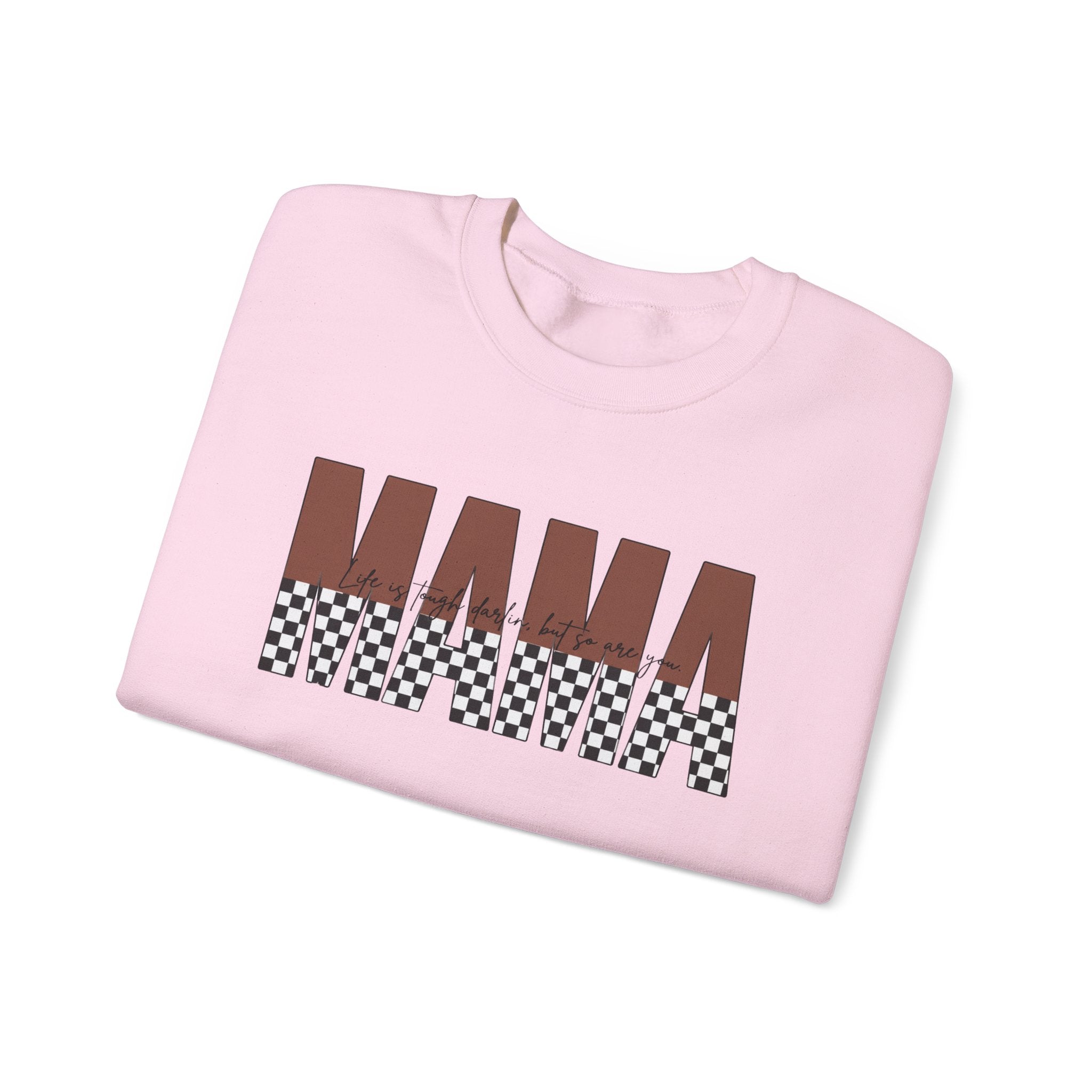 Mama Checkerboard Crewneck Sweatshirt – Retro Brown "MAMA" Graphic