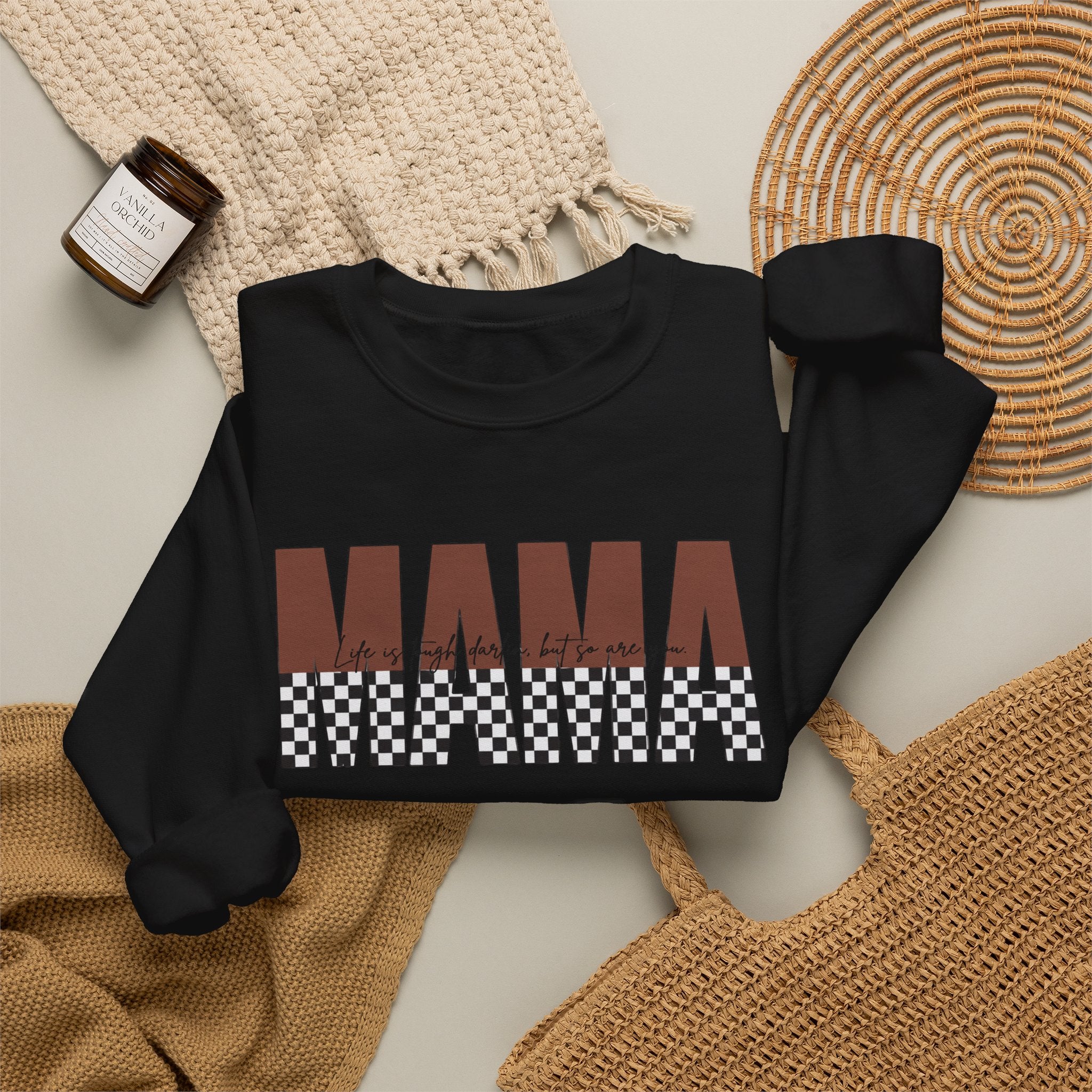 Mama Checkerboard Crewneck Sweatshirt – Retro Brown "MAMA" Graphic