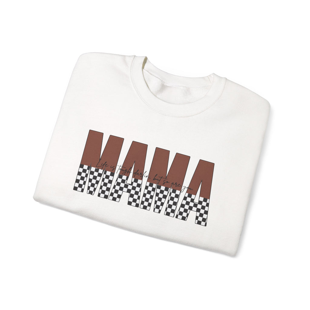 Mama Checkerboard Crewneck Sweatshirt – Retro Brown "MAMA" Graphic