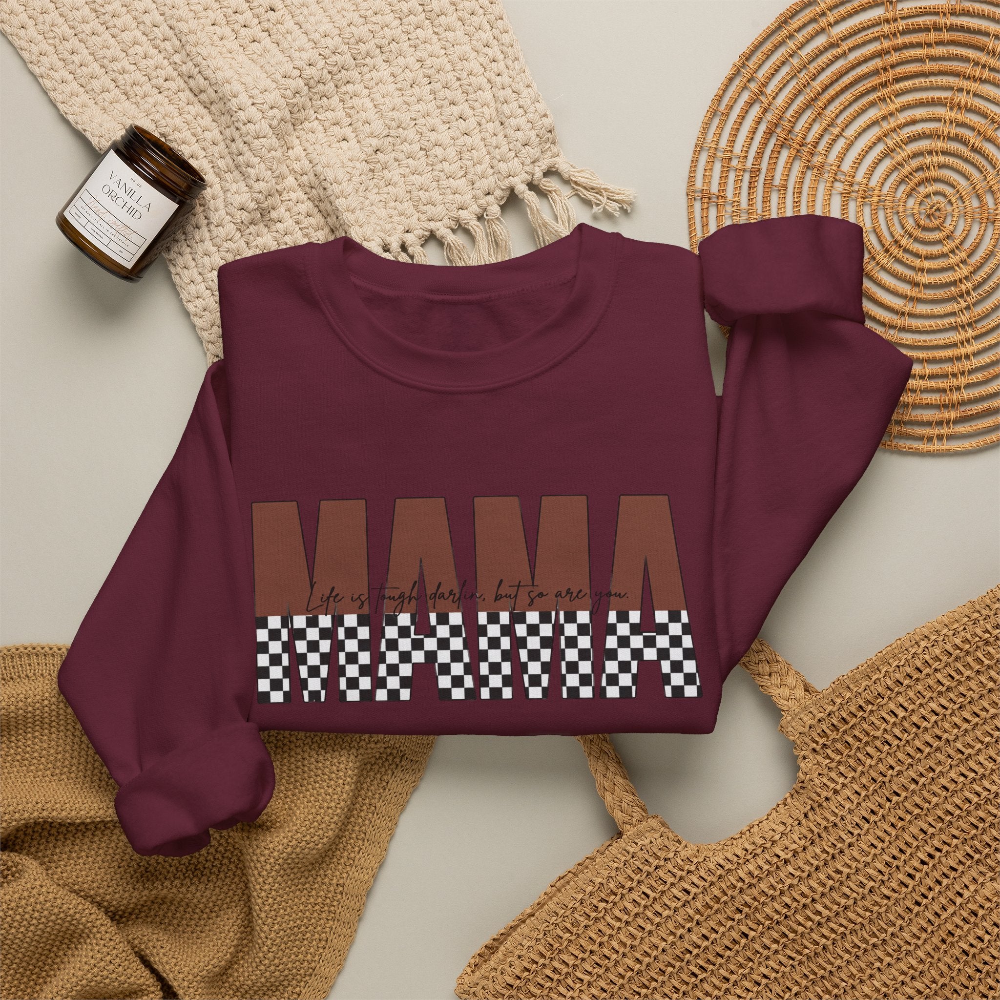 Mama Checkerboard Crewneck Sweatshirt – Retro Brown "MAMA" Graphic