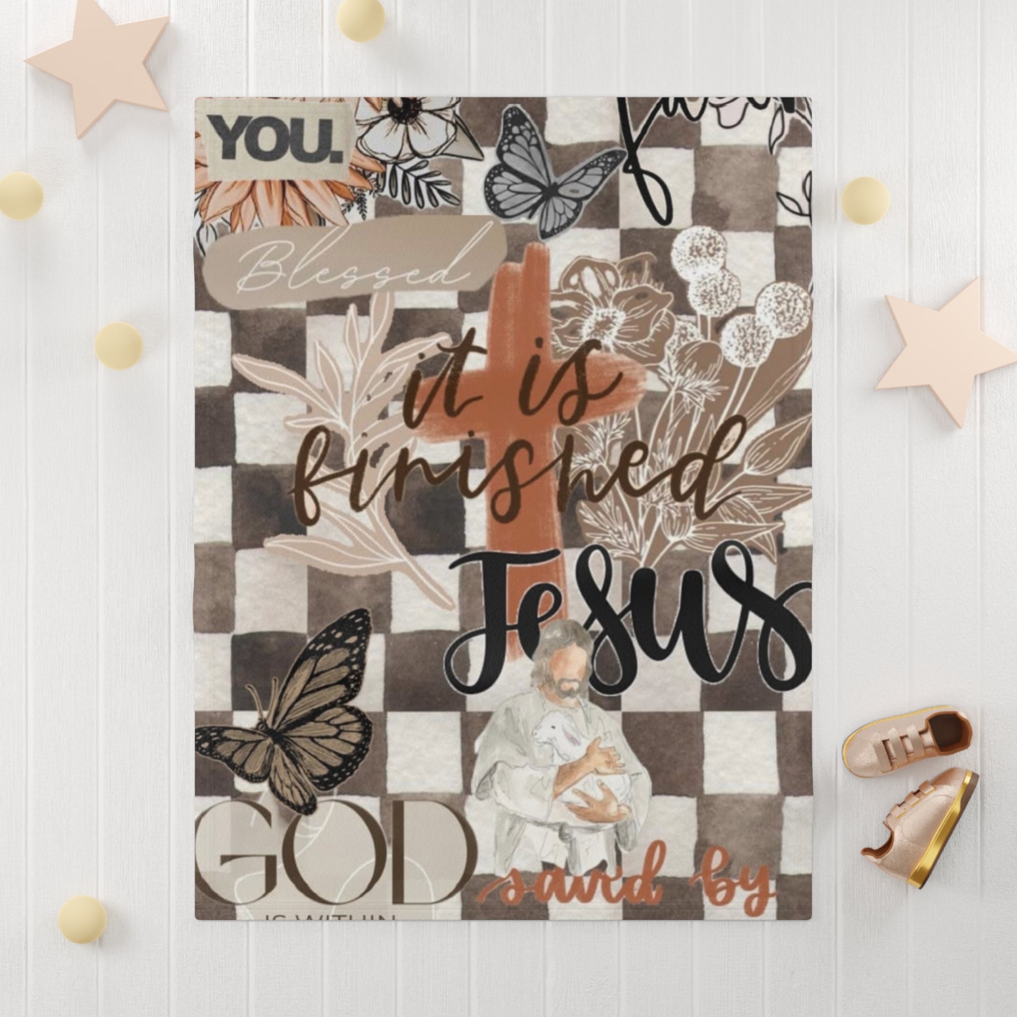 Religious Baby Blanket — “It Is Finished” Christian Fleece Nursery Throw