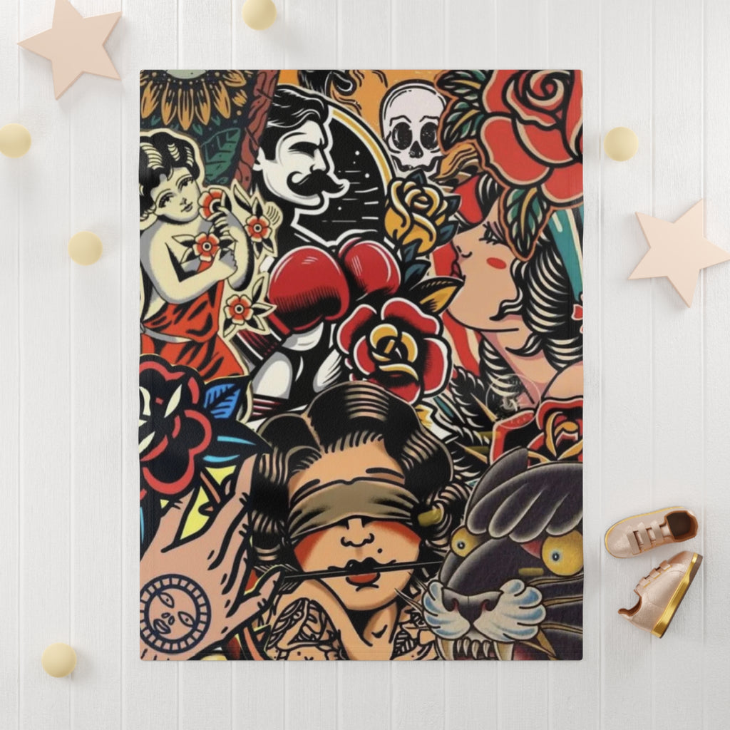 Tattoo Flash Soft Fleece Blanket — Vintage Sailor Skull & Rose Baby Throw