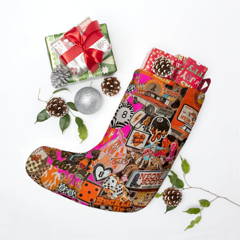 Retro Neon Sticker Collage Christmas Stocking