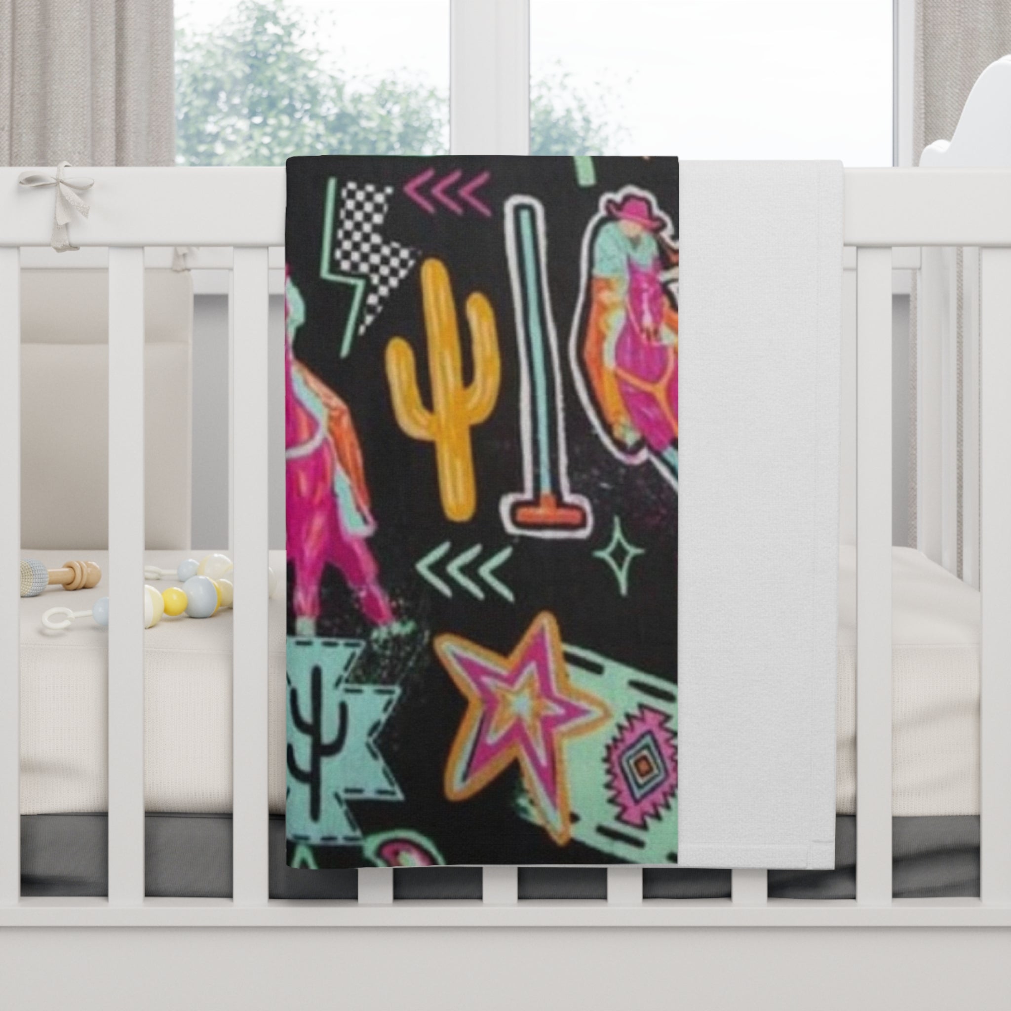 Cowgirl Neon Baby Blanket — Soft Fleece Western Horse & Cactus Nursery Throw
