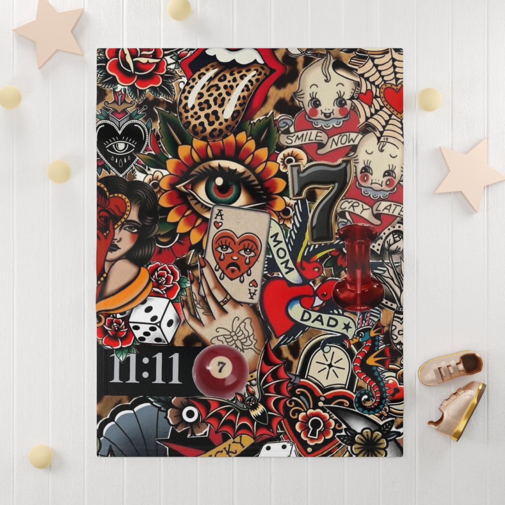 Vintage Tattoo Patchwork Baby Blanket – Retro Sailor Jerry Style Soft Fleece