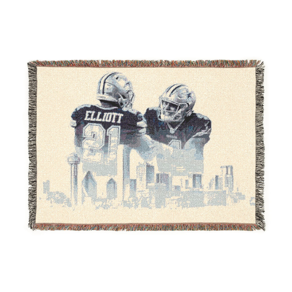 Cowboys Elliott & Prescott Woven Throw Blanket – Dallas Skyline Football Fan Gift