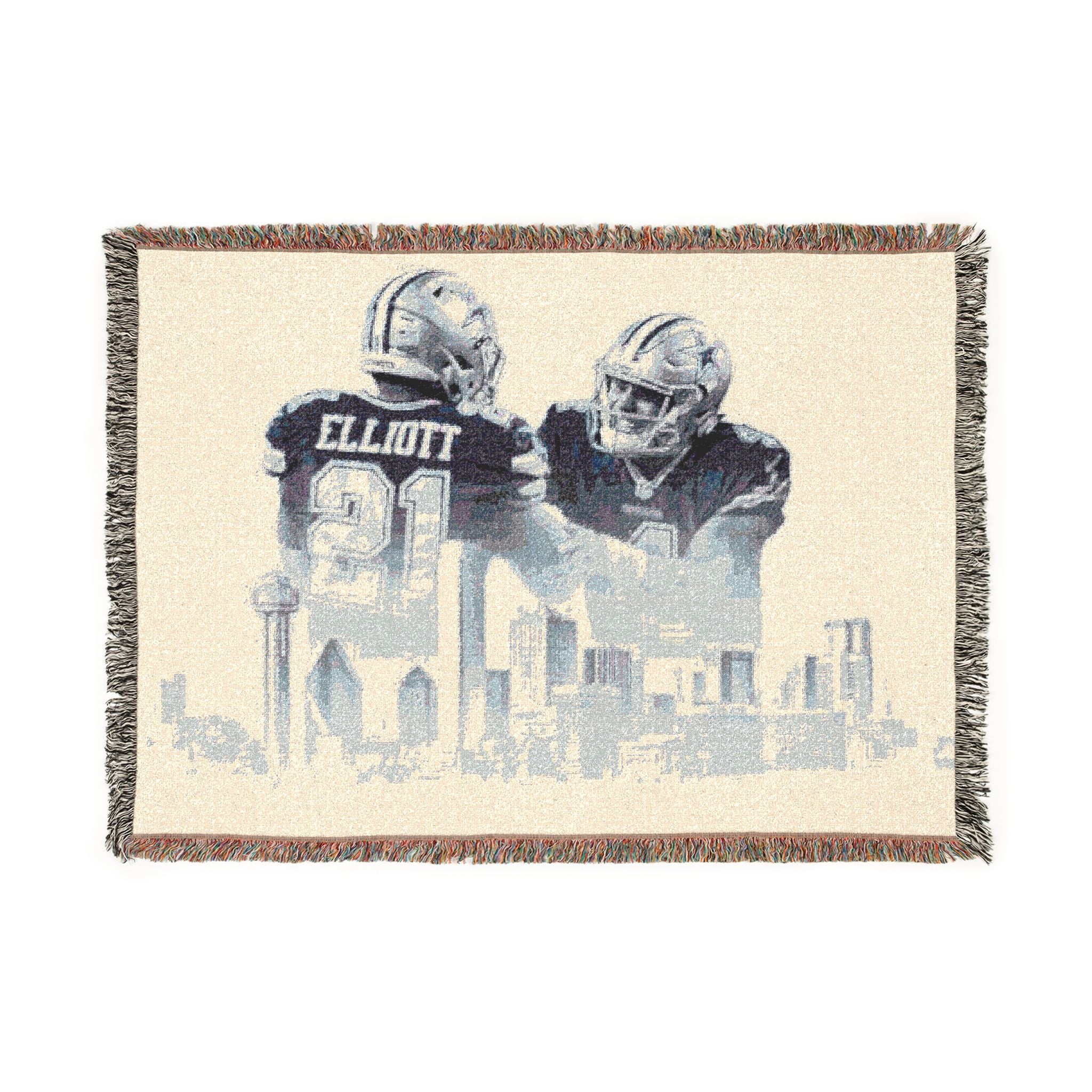 Cowboys Elliott & Prescott Woven Throw Blanket – Dallas Skyline Football Fan Gift
