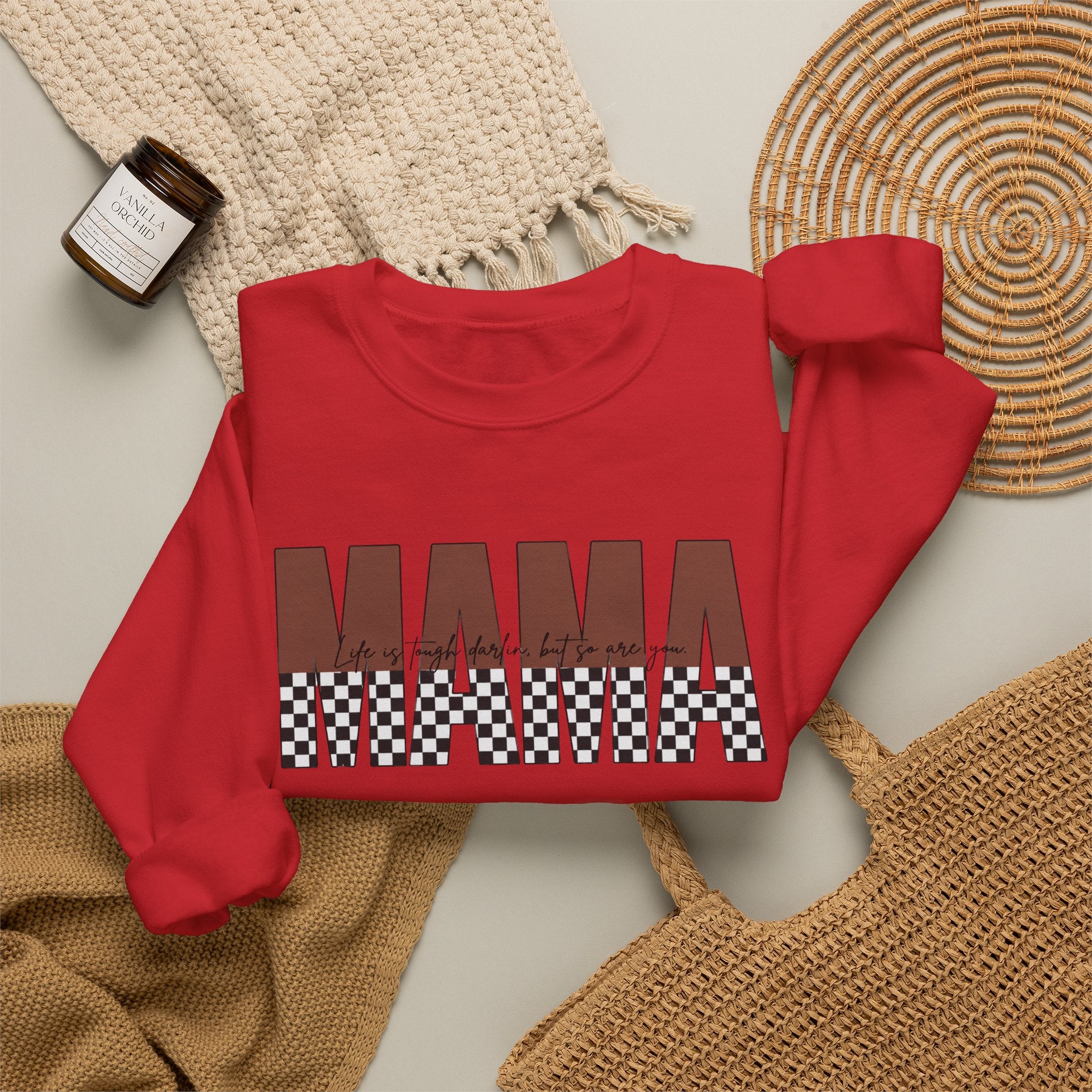 Mama Checkerboard Crewneck Sweatshirt – Retro Brown "MAMA" Graphic
