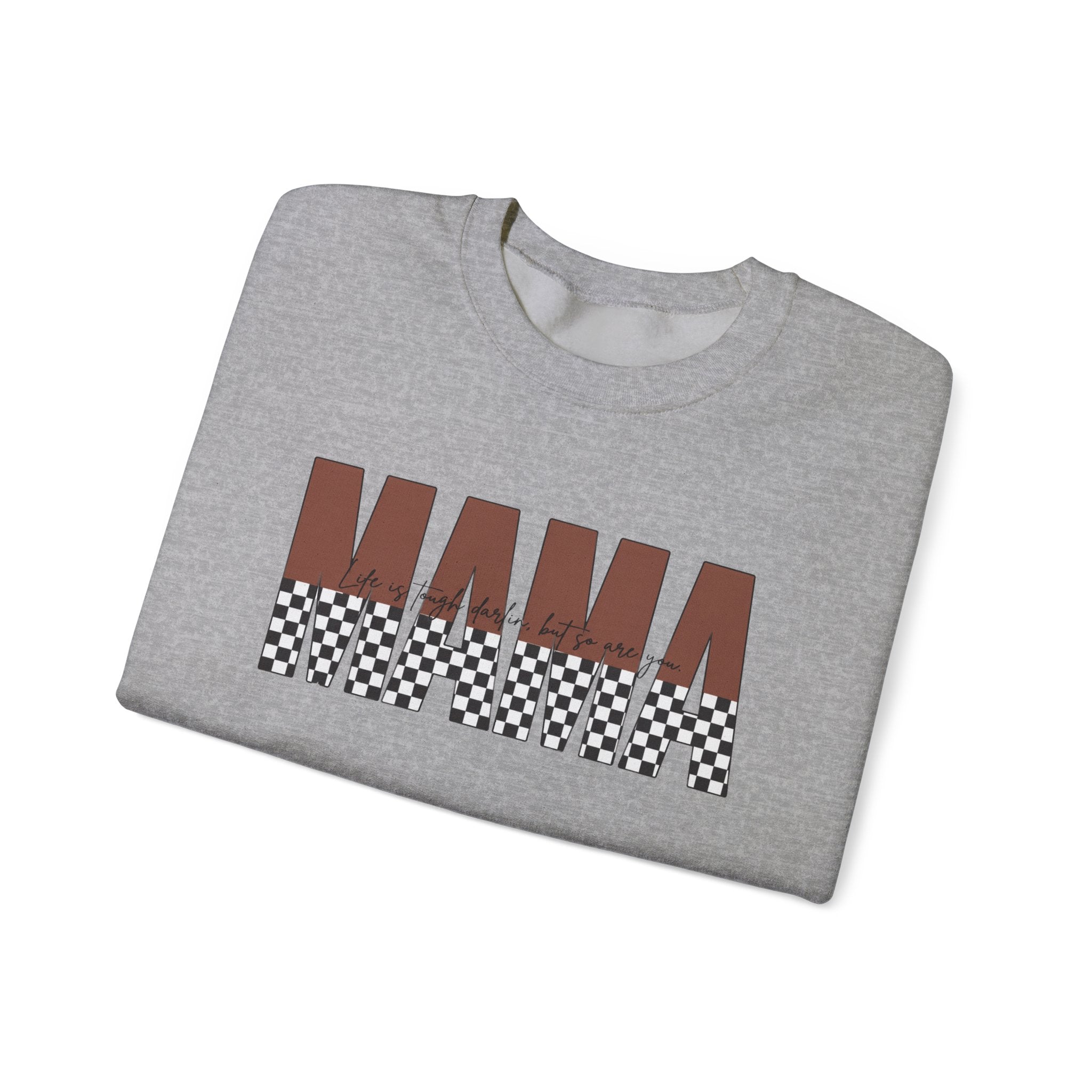 Mama Checkerboard Crewneck Sweatshirt – Retro Brown "MAMA" Graphic