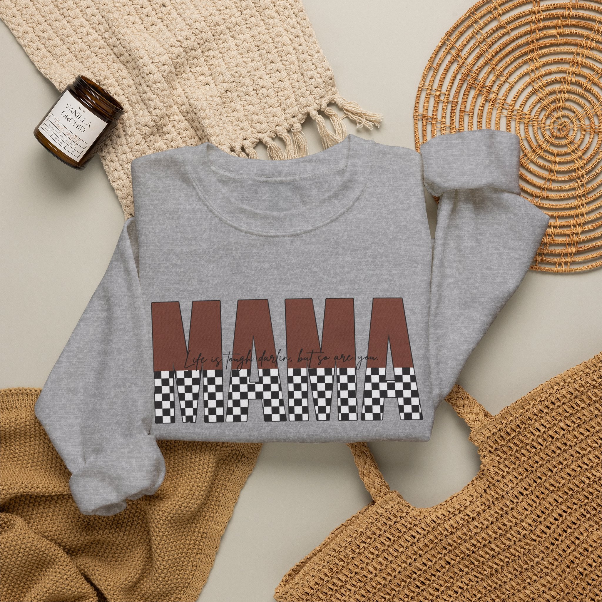 Mama Checkerboard Crewneck Sweatshirt – Retro Brown "MAMA" Graphic