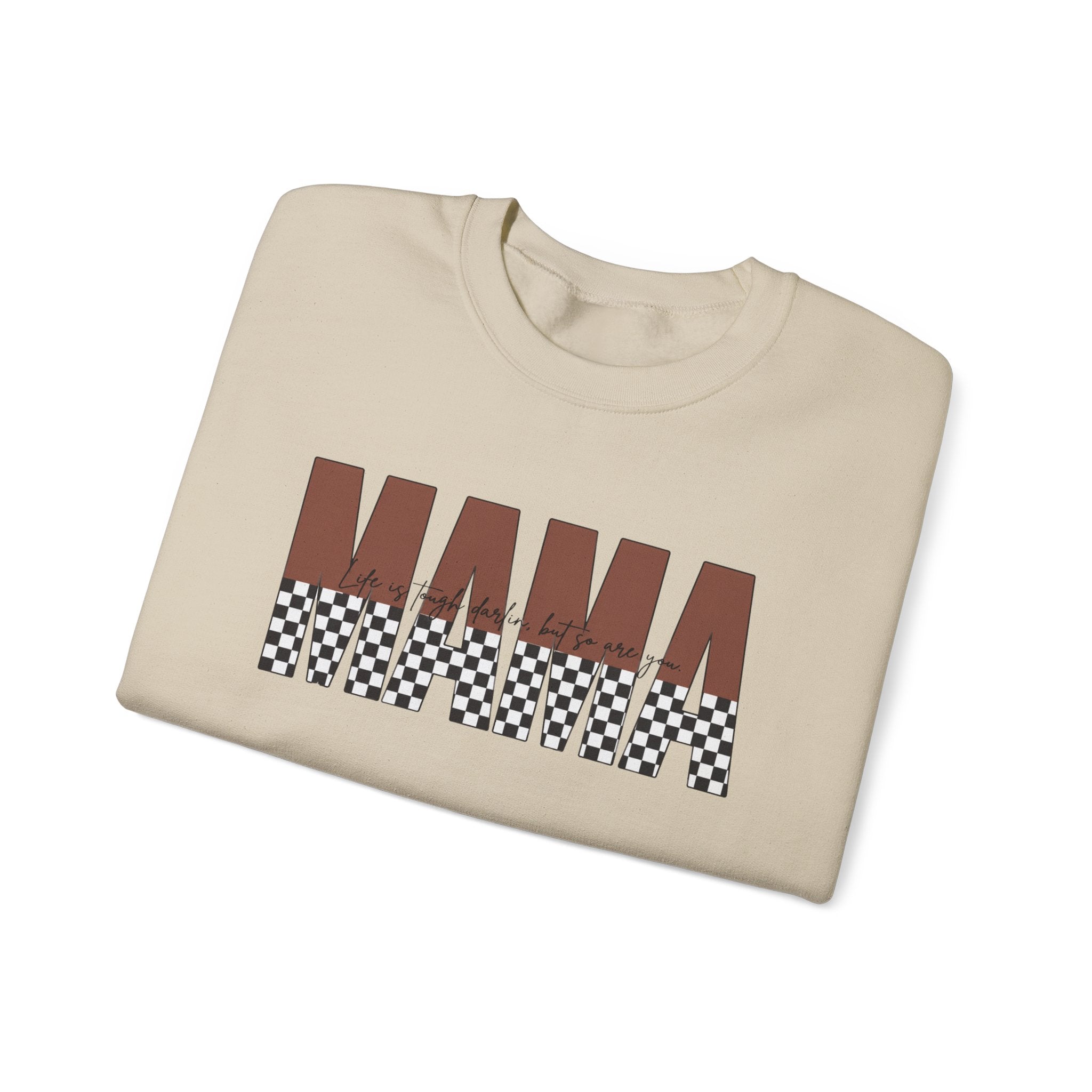 Mama Checkerboard Crewneck Sweatshirt – Retro Brown "MAMA" Graphic