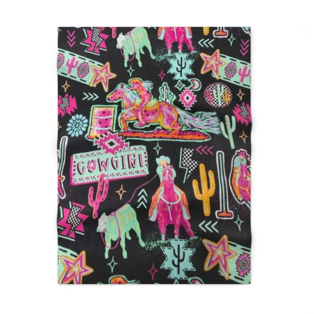 Cowgirl Neon Baby Blanket — Soft Fleece Western Horse & Cactus Nursery Throw