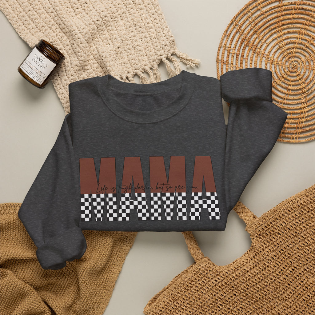 Mama Checkerboard Crewneck Sweatshirt – Retro Brown "MAMA" Graphic